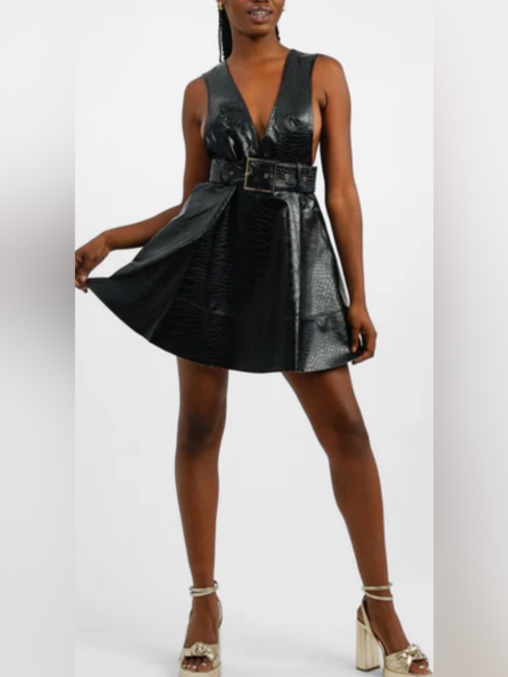 ASOS Faux Leather Skater Mini Dress. Belt with buckle. V-neck. Croc. Black 4 NWT